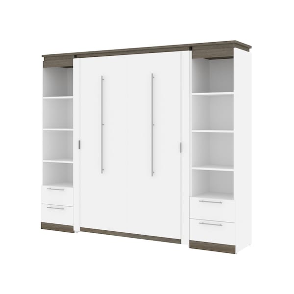 Orion 98W Full Murphy Bed and 2 Narrow Shelving Units with Drawers (99W), White & Walnut Grey